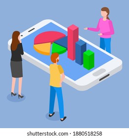 People looking at 3d growing graphic at phone's screen. Isometric infographics. Financial strategy. Visual presentation. Analysis info, statistic. Digital marketing. Man, women looking at visual graph