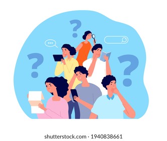 People looking answer. Team search, giant question mark. Brainstorming thinking, group asking or find solution. Utter thoughtful vector characters