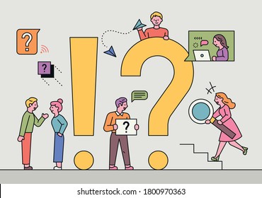 People are looking for answers around giant question marks and exclamation points. flat design style minimal vector illustration.