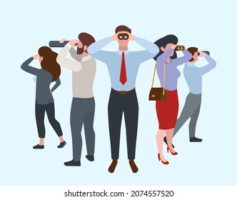 People looking around. Teamwork, HR managers or employees. Men women searching ideas, watch into magnifying glass and binocular vector concept