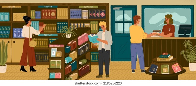 People looking for a book in bookstore. Library or store, interior with book shelfs. Customer buying books in shop. Concept vector illustration