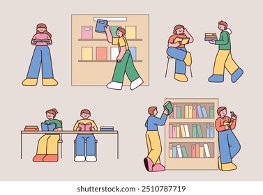 As pessoas estão procurando livros na biblioteca ou sentadas em mesas e lendo livros.