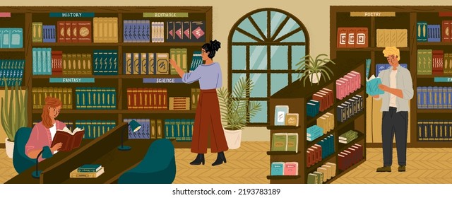 People looking for books in library. Students study and reading books in public library. Concept vector illustration. Men and women surrounded by shelves and racks with books