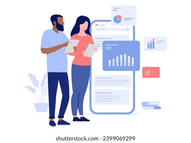 People looking at business chart - Man and woman working and analysing graphs, diagram and abstract financial data. Flat design vector illustration with white background