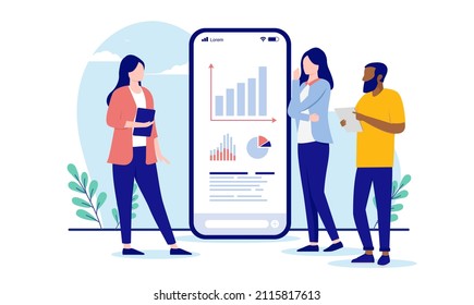 People looking at charts and result - Man and women analysing charts and graphs together. Business results concept. Flat design vector illustration
