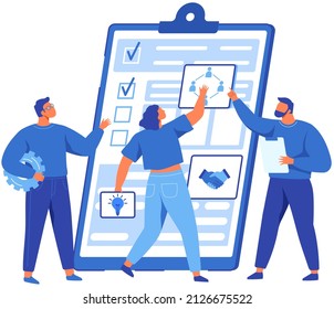 People looking at checklist with results of social surveys, customer data. Employees working with task done and check mark ticks on paper sheet. Characters check correctness of document on clipboard