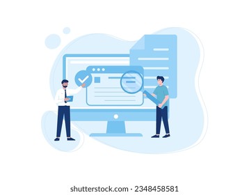 people looking at a computer screen with a magnifying glass trending concept flat illustration