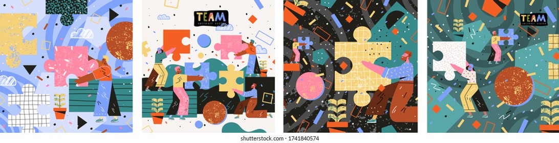 People looking for creative solutions and teamwork. Modern vector illustration of people assembling a puzzle. Drawing business, marketing, finance and cooperation for website, poster,  or booklet	