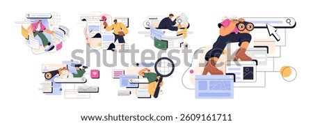 People are looking for data in Web concept set. Characters do requests in search engine, surfing the Internet. Online users with magnifier are browsing. Flat isolated vector illustrations on white