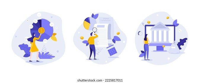 People looking at diagram, making financial calculations, looking at bank building. Concept of money saving, budget planning, accounting service. Set of modern flat compositions. Vector illustration.