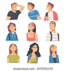 People Looking in Different Directions Set, Portraits of Young Men and Women Looking at Something Cartoon Vector Illustration
