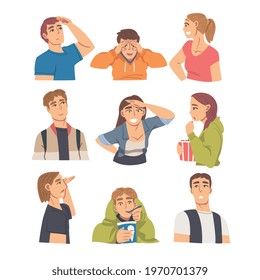 People Looking in Different Directions Set, Young Men and Women Looking at Something with Various Face Expression Cartoon Vector Illustration