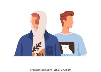 People looking at different opposite directions, sides. Disconnect in communication, couple relationships, psychology concept. Face profiles. Flat vector illustration isolated on white background