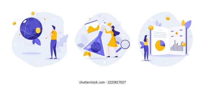 People looking at dollar coins orbiting Earth, putting money into flask, reading book with charts. Concept of global economy, economic experiment, studying economics. Modern flat vector illustration.