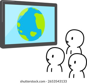 People looking at the Earth on a TV screen