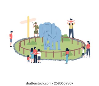 People looking at elephant in zoo. Flat men women and children, family weekend time outside. Animal park, zoology lesson for little kids, vector concept