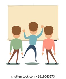 People are looking at the empty poster on wall - back view. Stock flat vector illustration.