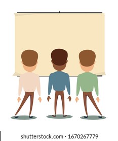People are looking at the empty poster on wall - back view. Stock flat vector illustration.