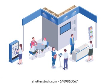 People looking at expo stands and communicating with stuff on exhibition 3d isometric vector illustration