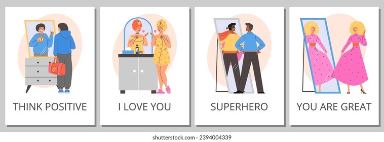 Gente que mira la falsa reflexión en espejo y que sueña con ser exitosa. Los hombres se imaginan como ganadores y superhéroes. Las mujeres positivas fingen ser reinas. Carteles motivacionales de dibujos animados de vectores