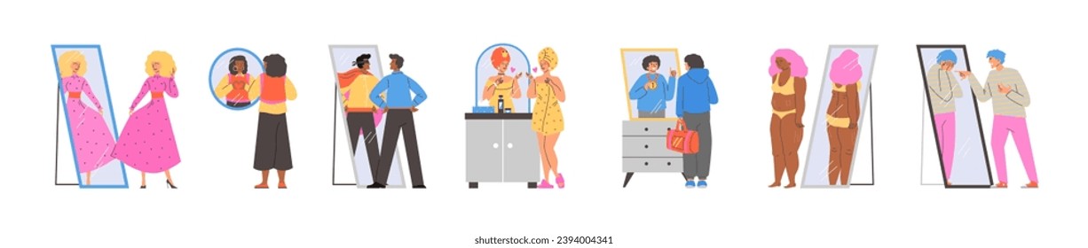 People looking at fake mirror reflection and dreaming to be successful. Some people are judgmental and disappointed by their reflection. Vector cartoon characters illustrations set isolated on white