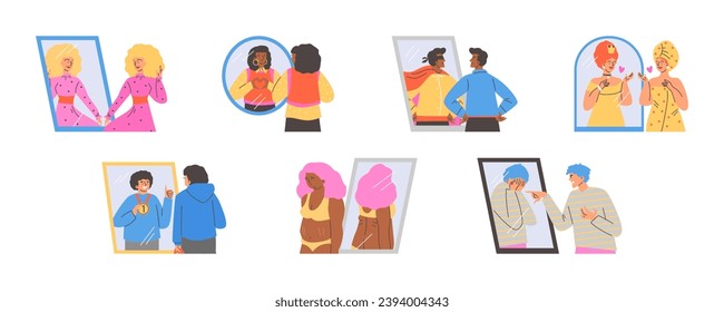 People looking at fake mirror reflection and dreaming to be successful. Some people are judgmental and upset. Vector cartoon positive and negative characters illustrations set isolated on white