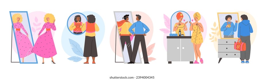 People looking at fake mirror reflection and dreaming to be successful. Some people are judgmental and disappointed by their reflection. Vector cartoon characters illustrations set isolated on white