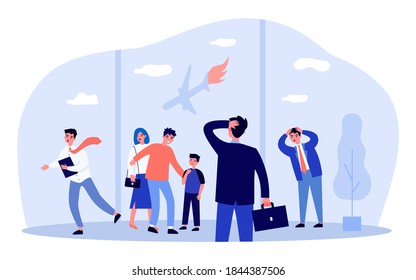 People looking at falling plane in panic. Airport, window, crash flat vector illustration. Catastrophe and accident concept for banner, website design or landing web page