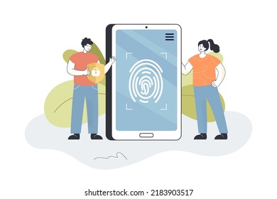 People looking at fingerprint on phone screen. Man and woman using fingerprint to unlock mobile flat vector illustration. Security, protection concept for banner, website design or landing web page