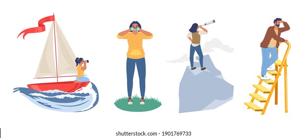 People looking to the future through telescope, binoculars while floating on boat, standing on mountain top, ladder, flat vector illustration. Future vision, business career, leadership.