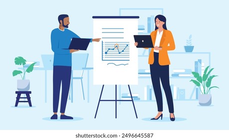 People looking at graph - Businessman and businesswoman with laptop computers doing presentation on flip over white board with rising graph and chart. Flat design vector illustration