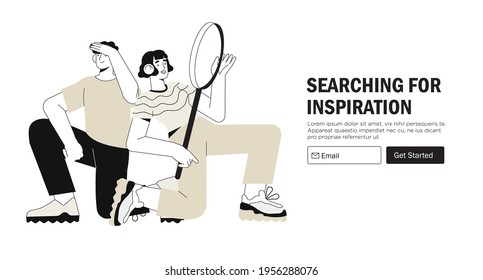 People looking for inspiration, answer or job. Woman hold magnifying glass or loupe. Business metaphore for search or research, development, web surfing. Trendy outline characters for web ui design.