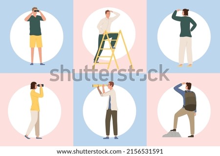 People looking into distance concept of future new horizons direction choice flat set isolated vector illustration