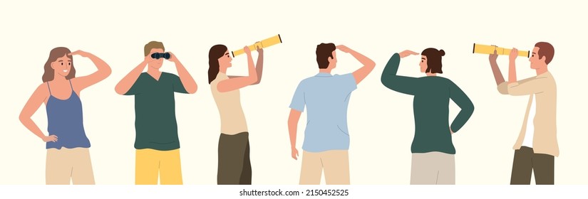 People Looking Into Distance Into Future Flat Composition With Men And Women Using Binoculars And Spyglass Vector Illustration