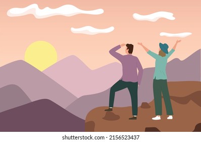 People looking into the distance future concept with man and woman on top of the mountain flat vector illustration