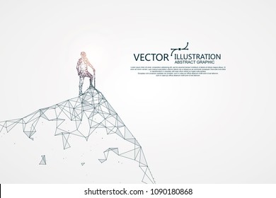 People looking into the distance from a high point, connected by dotted lines, vector illustrations.
