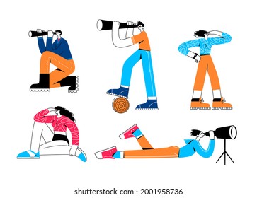 People looking into future choosing direction of development. People look through binoculars, spyglass, magnifier, explore, searching for opportunities. Flat vector illustration.
