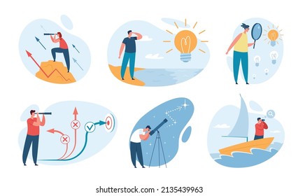 People looking into future, searching for opportunities and new ideas. Person with binocular or spyglass, career path concept vector set. Characters seeking professional growth, discovering