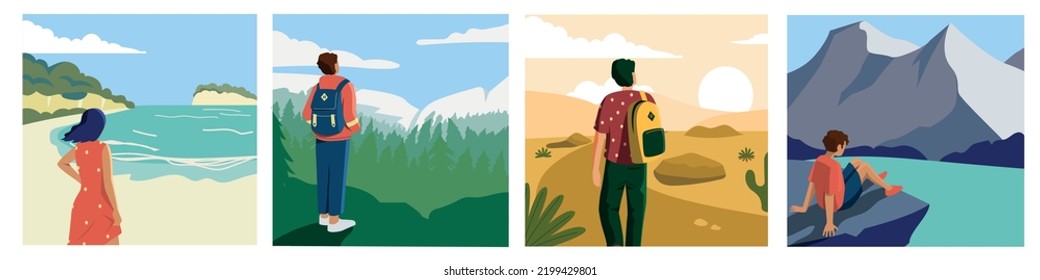 Gente mirando el paisaje. Viajeros de caricaturas y aventureros disfrutando del paisaje natural y mirando al horizonte. Vectores en caminatas e ilustraciones de viaje. Personajes mirando el mar, el bosque, el desierto