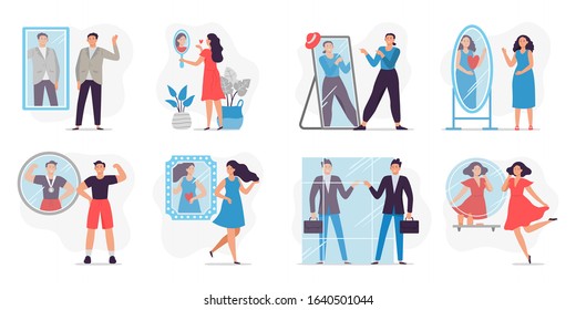 People looking in mirror. Love and proud yourself, man happy to see reflection in mirror and motivation vector illustration. Concept of self-confidence, self-acceptance, self-esteem, narcissism.