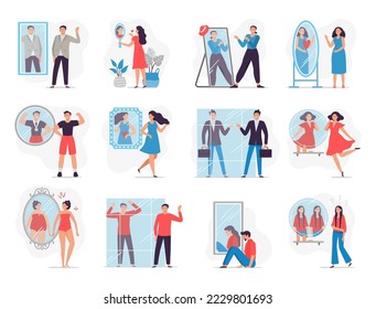 People looking at mirror reflection, man woman and couple. Vector illustration of reflection and look, man woman self view