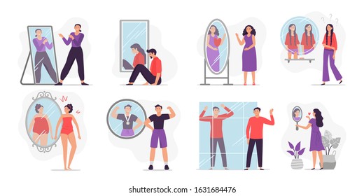 People looking at mirror reflection. Self-assessment and personal appearance vector illustration. Concept of evaluation of attractiveness, body dysmorphic disorder, transsexuality, self-examination.