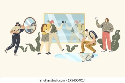 People Looking at Mirror Reflection. Self-assessment and Personal Appearance Concept. Male Female Characters Admire themselves Passing by Store Showcase, Puddle on Ground. Linear Vector Illustration