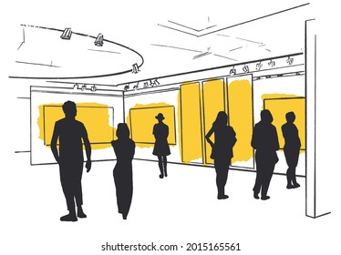 People looking modern paintings at contemporary art gallery. Tourists watching exhibits in museum. Sketch style vector illustration