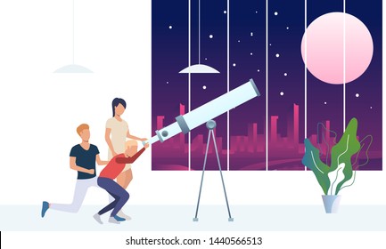 People Looking At Moon Through Telescope. Observation, Equipment, Space Concept. Vector Illustration Can Be Used For Topics Like Science, Observatory, Astronomy