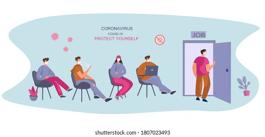 Personas buscando trabajo de oficina durante el Coronavirus.
Desempleo en Covid 19.Charachters esperando en fila una entrevista.Búsqueda laboral durante una pandemia.Ilustración de vectores planos