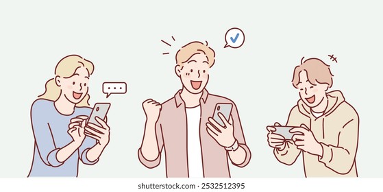  Pessoas Procurando por Smartphones e Bate-papo. Meninos e Meninas Felizes conversando e digitando no Telefone. Ilustrações de design de vetor de estilo desenhado à mão.