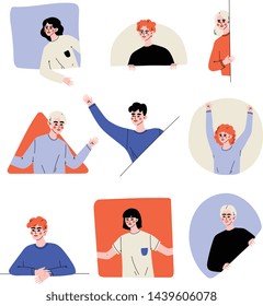 People Looking Out of Different Shaped Windows Set, Young Men and Women Peeping Vector Illustration
