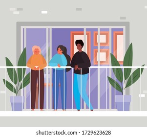 People looking out the window with balcony from gray house design, stay at home theme vector illustration
