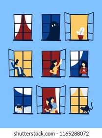 People looking out of the window set. Neighbors in their apartment. Flat vector illustration